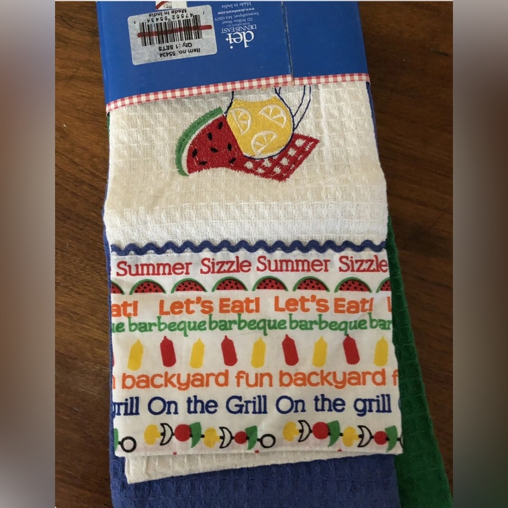 DEI Set of 3 Waffle Dishtowels, 2 solid & 1 with BBQ Motif Embroidery - NIP